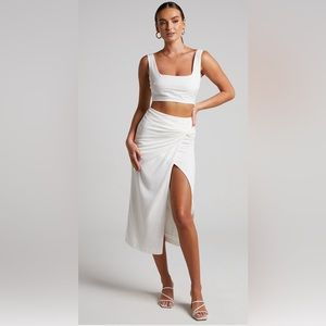Showpo - Gibson Two Piece Set - Crop Top and Knot Front Midi Skirt - white